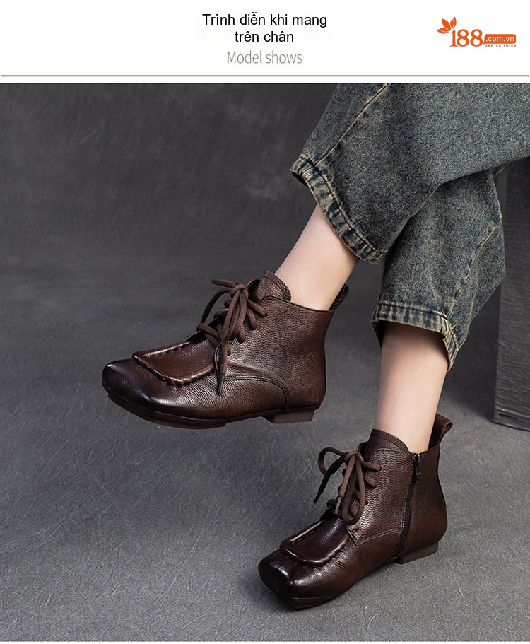 Giày Boot Nữ Cổ Ngắn Da Bò Mũi Vuông Chiều Cao Đế Khoảng 2cm Màu Đen, Nâu chi tiết 9