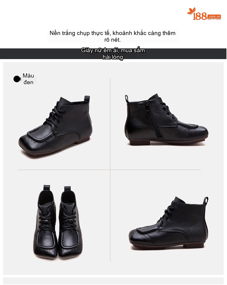 Giày Boot Nữ Cổ Ngắn Da Bò Mũi Vuông Chiều Cao Đế Khoảng 2cm Màu Đen, Nâu chi tiết 18
