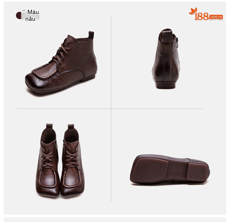 Giày Boot Nữ Cổ Ngắn Da Bò Mũi Vuông Chiều Cao Đế Khoảng 2cm Màu Đen, Nâu chi tiết 19