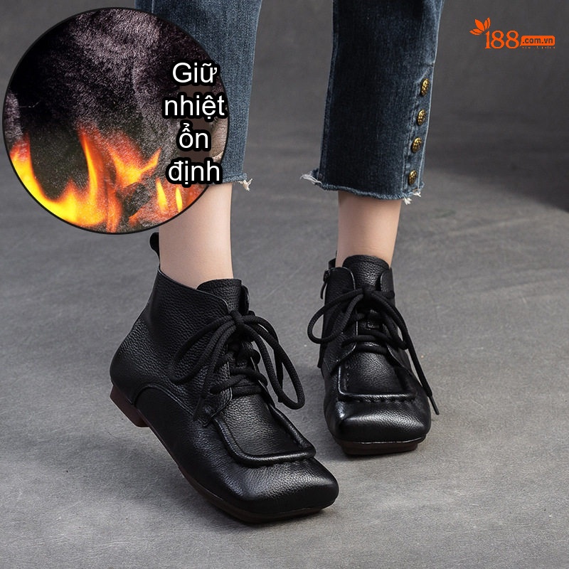 Giày Boot Nữ Cổ Ngắn Da Bò Mũi Vuông Chiều Cao Đế Khoảng 2cm Màu Đen, Nâu