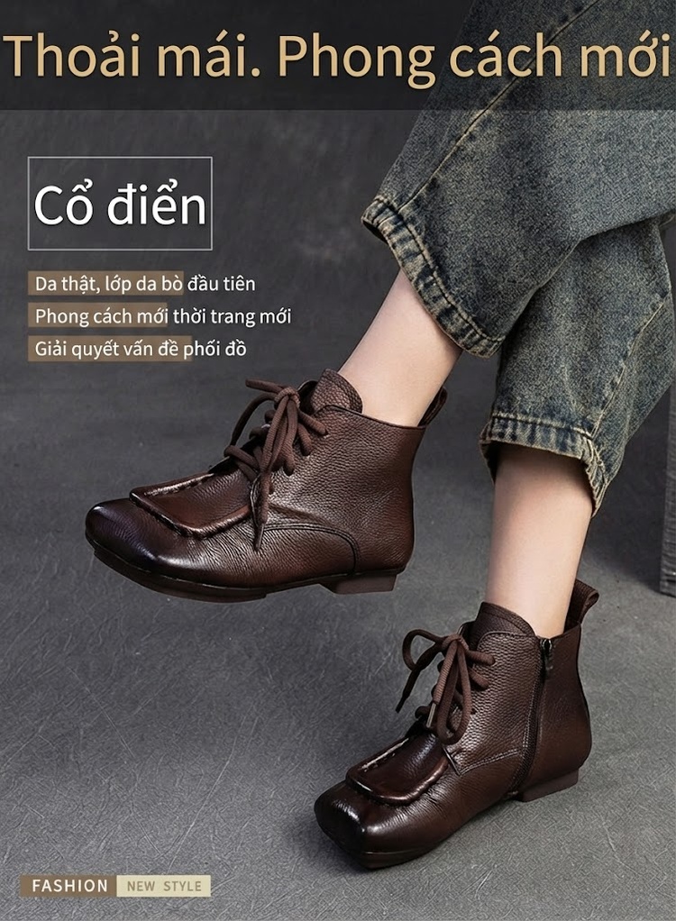 Giày Boot Nữ Cổ Ngắn Da Bò Mũi Vuông Chiều Cao Đế Khoảng 2cm Màu Đen, Nâu chi tiết 2