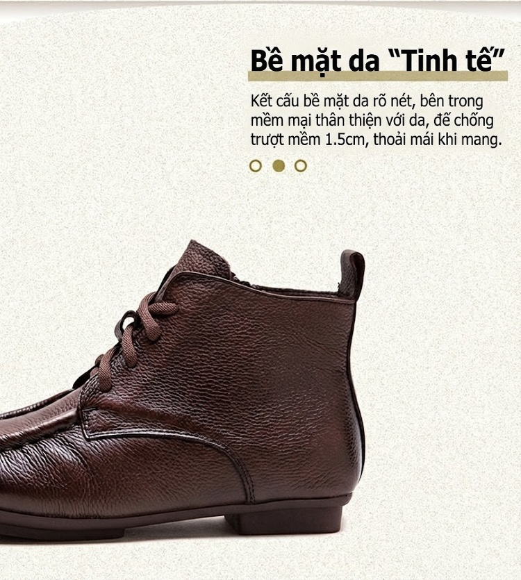 Giày Boot Nữ Cổ Ngắn Da Bò Mũi Vuông Chiều Cao Đế Khoảng 2cm Màu Đen, Nâu chi tiết 4