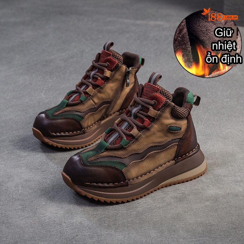 Giày Boot Nữ Cổ Ngắn Da Thật Phối Màu Cổ Điển Chiều Cao Đế Khoảng 3cm Màu Nâu, Đỏ, Xanh Lá
