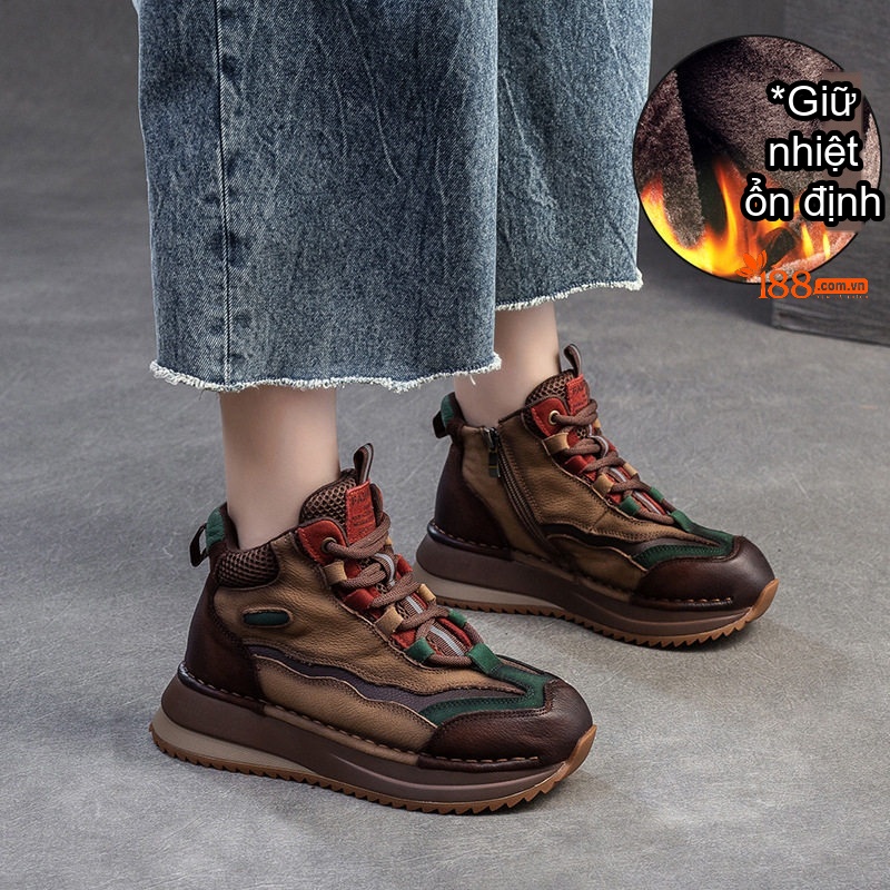 Giày Boot Nữ Cổ Ngắn Da Thật Phối Màu Cổ Điển Chiều Cao Đế Khoảng 3cm Màu Nâu, Đỏ, Xanh Lá