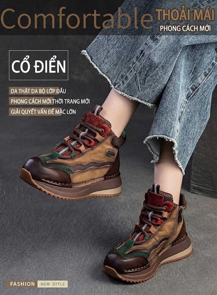 Giày Boot Nữ Cổ Ngắn Da Thật Phối Màu Cổ Điển Chiều Cao Đế Khoảng 3cm Màu Nâu, Đỏ, Xanh Lá chi tiết 1