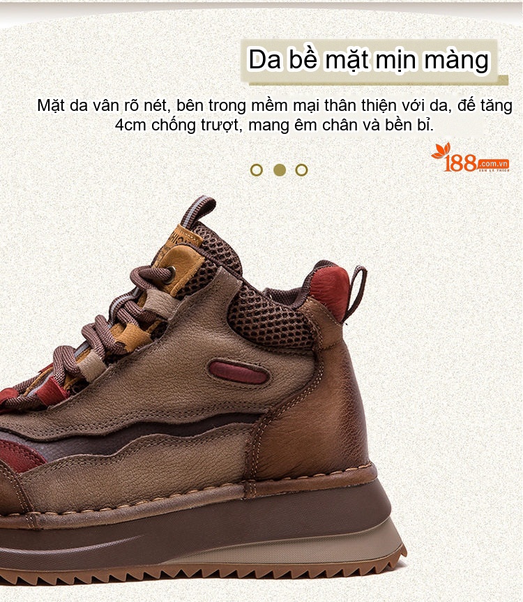 Giày Boot Nữ Cổ Ngắn Da Thật Phối Màu Cổ Điển Chiều Cao Đế Khoảng 3cm Màu Nâu, Đỏ, Xanh Lá chi tiết 3