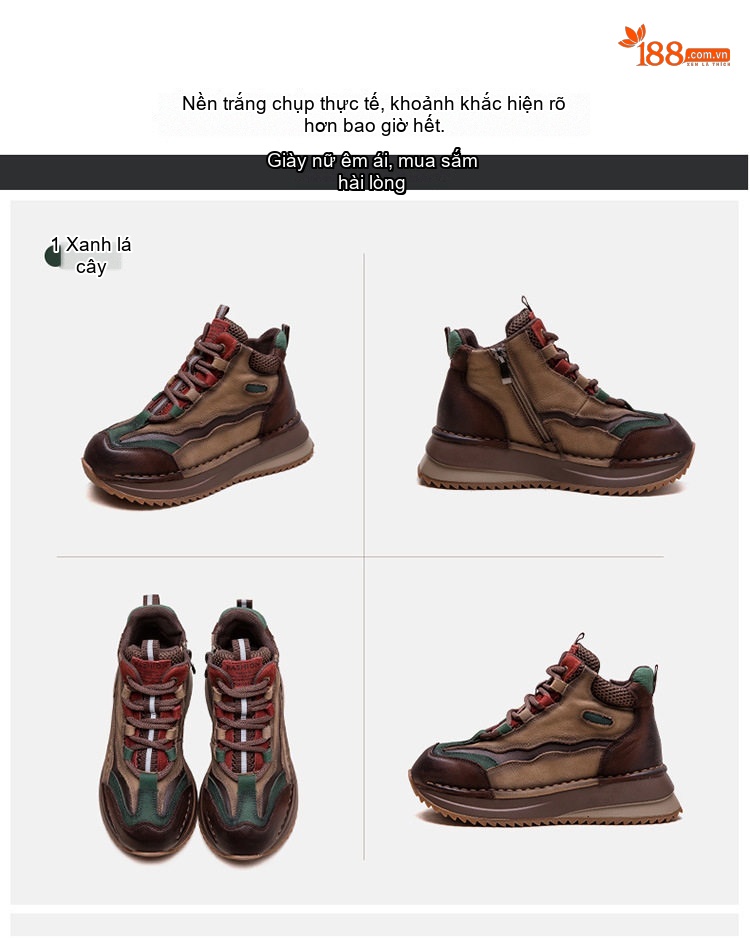 Giày Boot Nữ Cổ Ngắn Da Thật Phối Màu Cổ Điển Chiều Cao Đế Khoảng 3cm Màu Nâu, Đỏ, Xanh Lá chi tiết 17