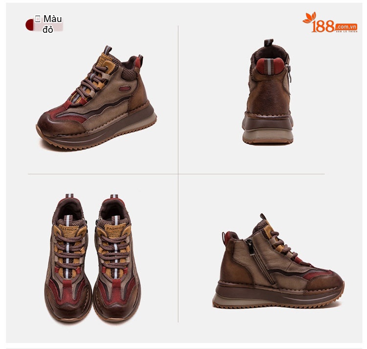 Giày Boot Nữ Cổ Ngắn Da Thật Phối Màu Cổ Điển Chiều Cao Đế Khoảng 3cm Màu Nâu, Đỏ, Xanh Lá chi tiết 18
