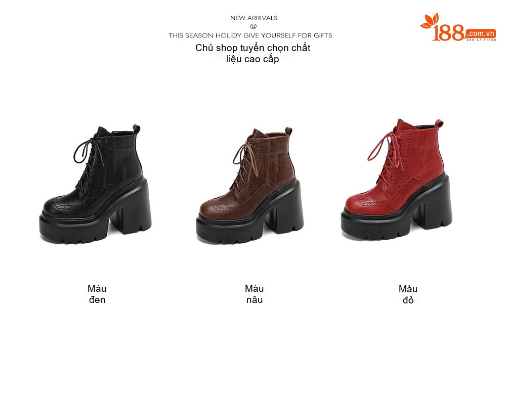 Giày Boot Nữ Cổ Ngắn Dây Buộc Da Bóng Đế Cao 12cm Màu Đen, Đỏ, Nâu chi tiết 2