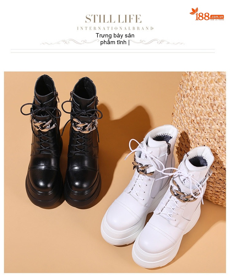 Giày Boot Nữ Cổ Ngắn Đế Dày 16cm Giấu Chiều Cao Dây Buộc Màu Đen, Trắng chi tiết 8
