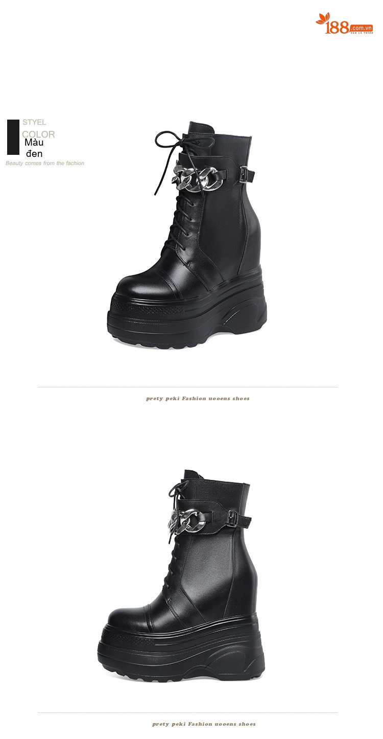 Giày Boot Nữ Cổ Ngắn Đế Dày 16cm Giấu Chiều Cao Dây Buộc Màu Đen, Trắng chi tiết 13