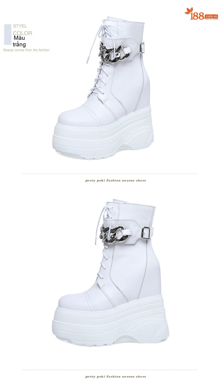 Giày Boot Nữ Cổ Ngắn Đế Dày 16cm Giấu Chiều Cao Dây Buộc Màu Đen, Trắng chi tiết 15