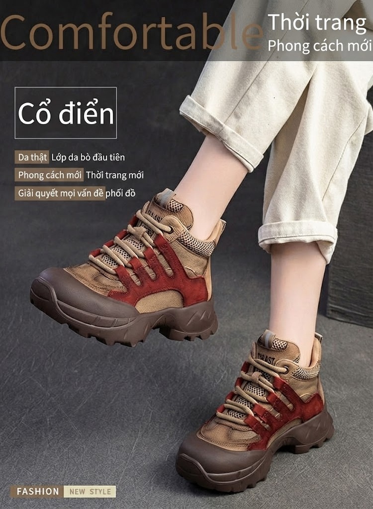 Giày Boot Nữ Cổ Ngắn Phối Màu Đế Bánh Mì Chiều Cao Đế Khoảng 5cm Màu Nâu, Xanh Lá, Đỏ chi tiết 2