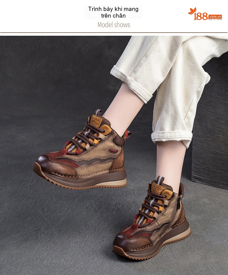 Giày Boot Nữ Cổ Ngắn Phong Cách Retro Lót Lông Giữ Ấm Chiều Cao Đế Khoảng 4cm Màu Nâu, Be, Đỏ, Xanh... chi tiết 9