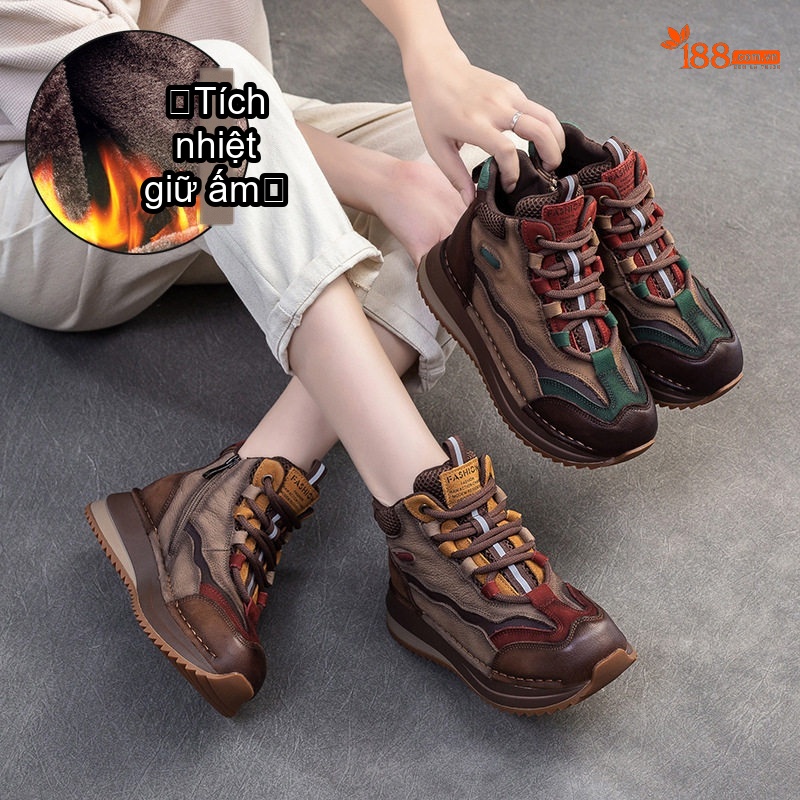 Giày Boot Nữ Cổ Ngắn Phong Cách Retro Lót Lông Giữ Ấm Chiều Cao Đế Khoảng 4cm Màu Nâu, Be, Đỏ, Xanh...