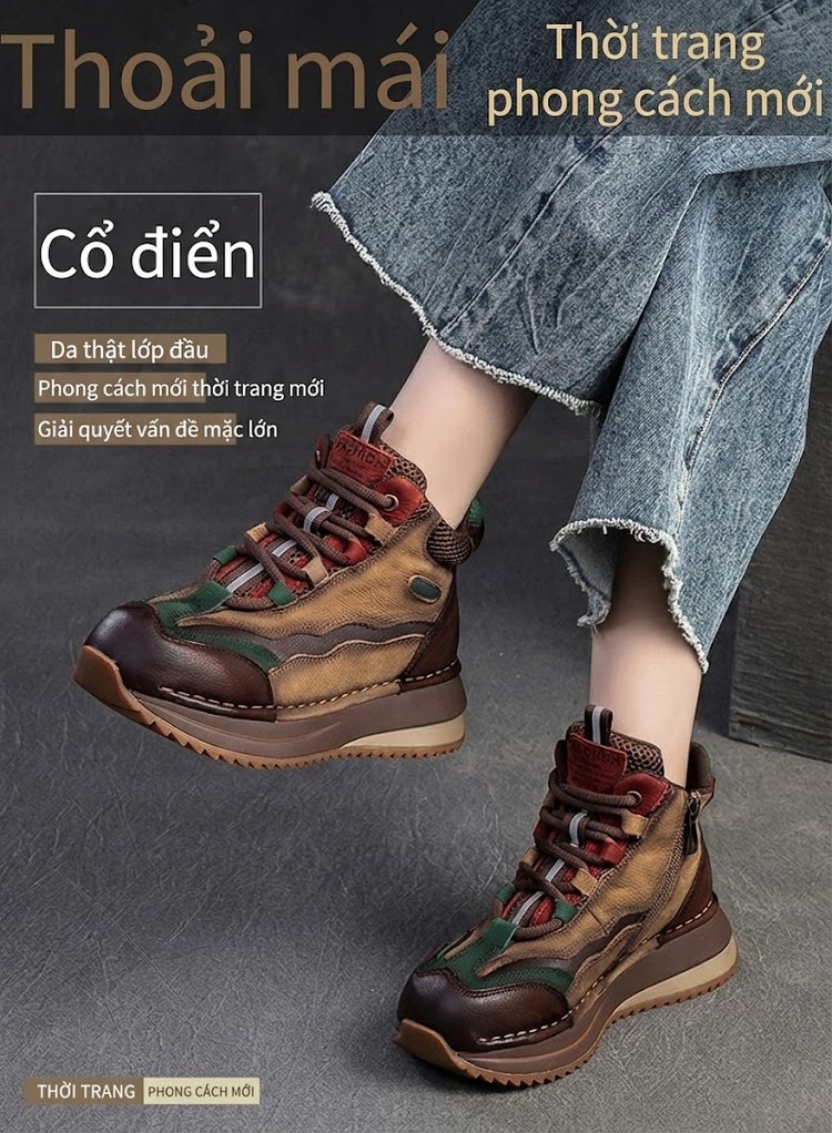Giày Boot Nữ Cổ Ngắn Phong Cách Retro Lót Lông Giữ Ấm Chiều Cao Đế Khoảng 4cm Màu Nâu, Be, Đỏ, Xanh... chi tiết 2