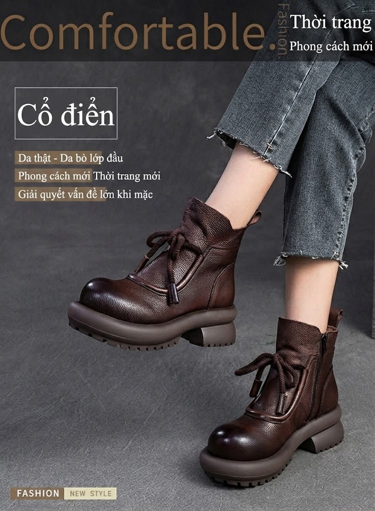 Giày Boot Nữ Cổ Thấp Da Bò Phong Cách Retro Chiều Cao Đế Khoảng 5cm Màu Đen, Nâu chi tiết 1