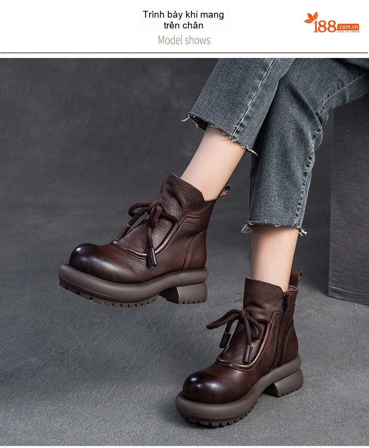 Giày Boot Nữ Cổ Thấp Da Bò Phong Cách Retro Chiều Cao Đế Khoảng 5cm Màu Đen, Nâu chi tiết 7