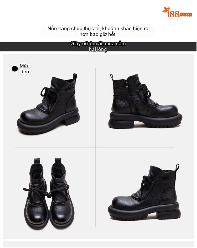 Giày Boot Nữ Cổ Thấp Da Bò Phong Cách Retro Chiều Cao Đế Khoảng 5cm Màu Đen, Nâu chi tiết 16