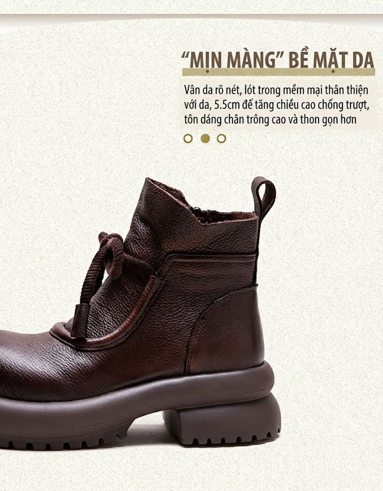 Giày Boot Nữ Cổ Thấp Da Bò Phong Cách Retro Chiều Cao Đế Khoảng 5cm Màu Đen, Nâu chi tiết 2