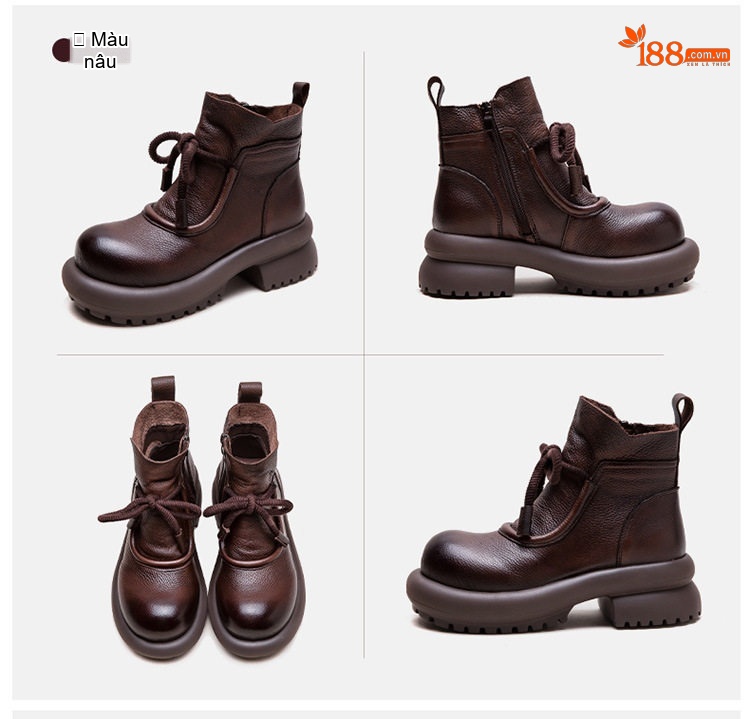 Giày Boot Nữ Cổ Thấp Da Bò Phong Cách Retro Chiều Cao Đế Khoảng 5cm Màu Đen, Nâu chi tiết 17