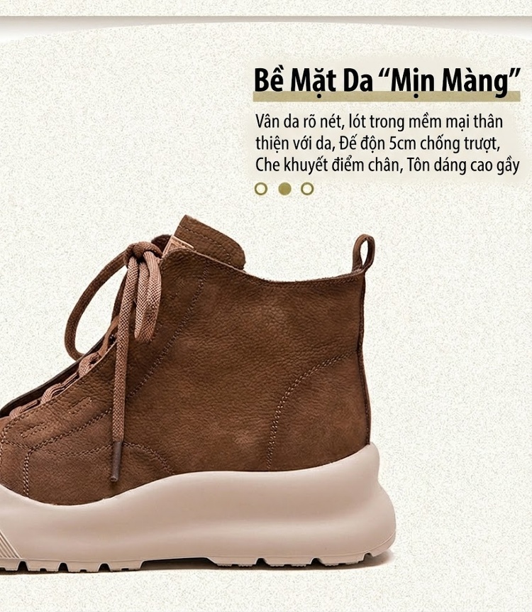 Giày Boot Nữ Da Bò Cao Cổ Thắt Dây Chiều Cao Đế Khoảng 5cm Màu Đen, Nâu chi tiết 2