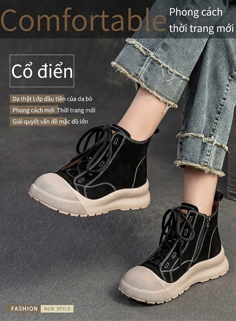 Giày Boot Nữ Da Bò Cao Cổ Thắt Dây Chiều Cao Đế Khoảng 5cm Màu Đen, Nâu chi tiết 1
