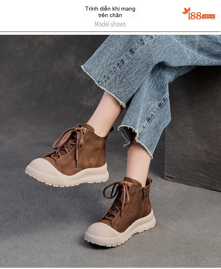 Giày Boot Nữ Da Bò Cao Cổ Thắt Dây Chiều Cao Đế Khoảng 5cm Màu Đen, Nâu chi tiết 6