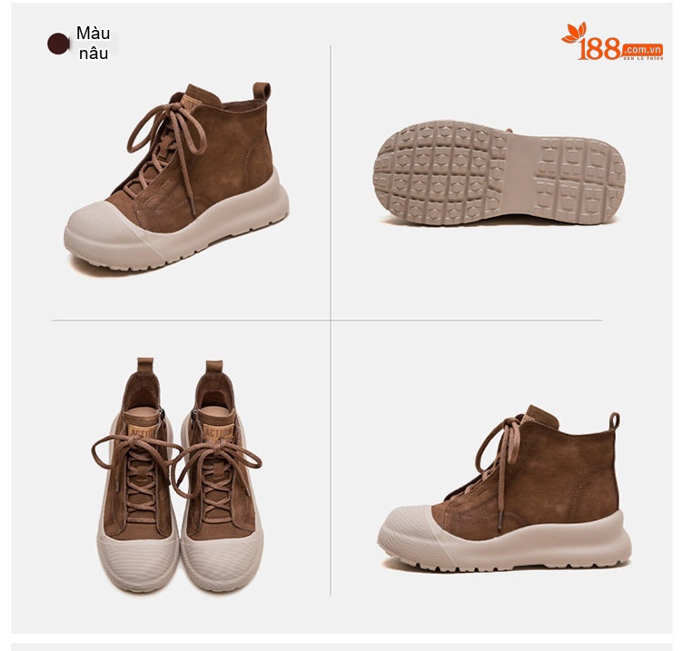 Giày Boot Nữ Da Bò Cao Cổ Thắt Dây Chiều Cao Đế Khoảng 5cm Màu Đen, Nâu chi tiết 16