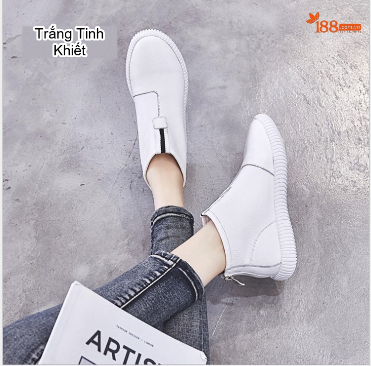 Giày Boot Nữ Da Bò Cổ Cao Gót Bằng Chiều Cao Đế Khoảng 3cm Màu Trắng, Đen chi tiết 1