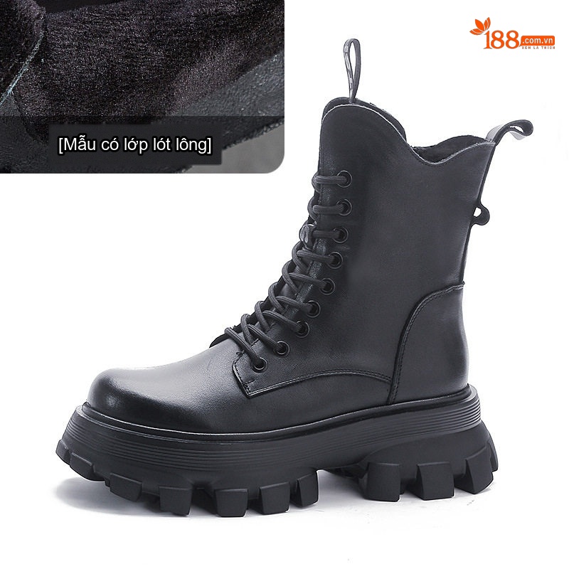 Giày Boot Nữ Da Bò Cổ Cao Phong Cách Anh Chiều Cao Đế Khoảng 5cm Màu Nâu, Đen