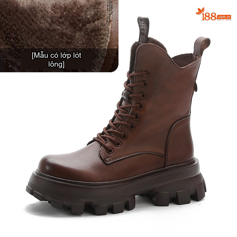 Giày Boot Nữ Da Bò Cổ Cao Phong Cách Anh Chiều Cao Đế Khoảng 5cm Màu Nâu, Đen