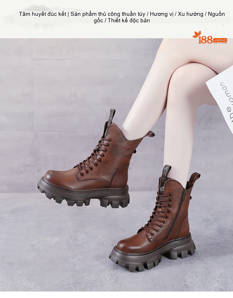 Giày Boot Nữ Da Bò Cổ Cao Phong Cách Anh Chiều Cao Đế Khoảng 5cm Màu Nâu, Đen chi tiết 1
