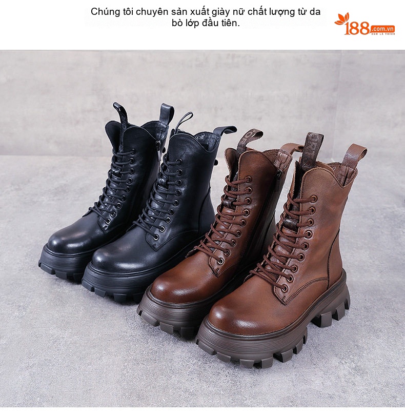 Giày Boot Nữ Da Bò Cổ Cao Phong Cách Anh Chiều Cao Đế Khoảng 5cm Màu Nâu, Đen chi tiết 2