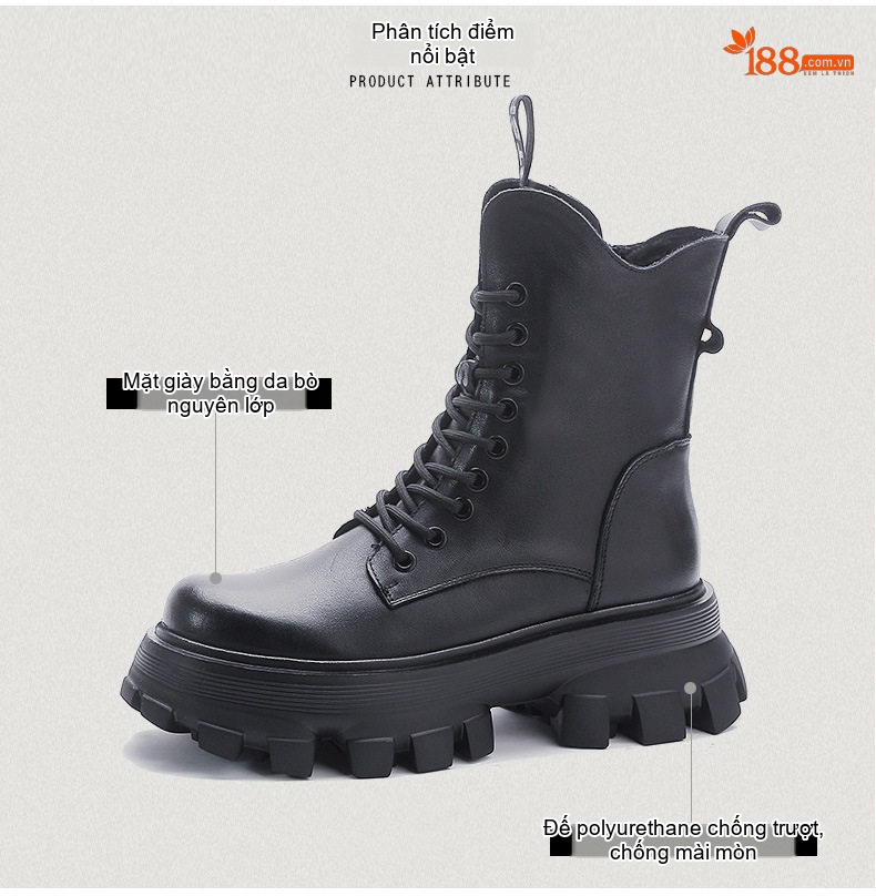 Giày Boot Nữ Da Bò Cổ Cao Phong Cách Anh Chiều Cao Đế Khoảng 5cm Màu Nâu, Đen chi tiết 3