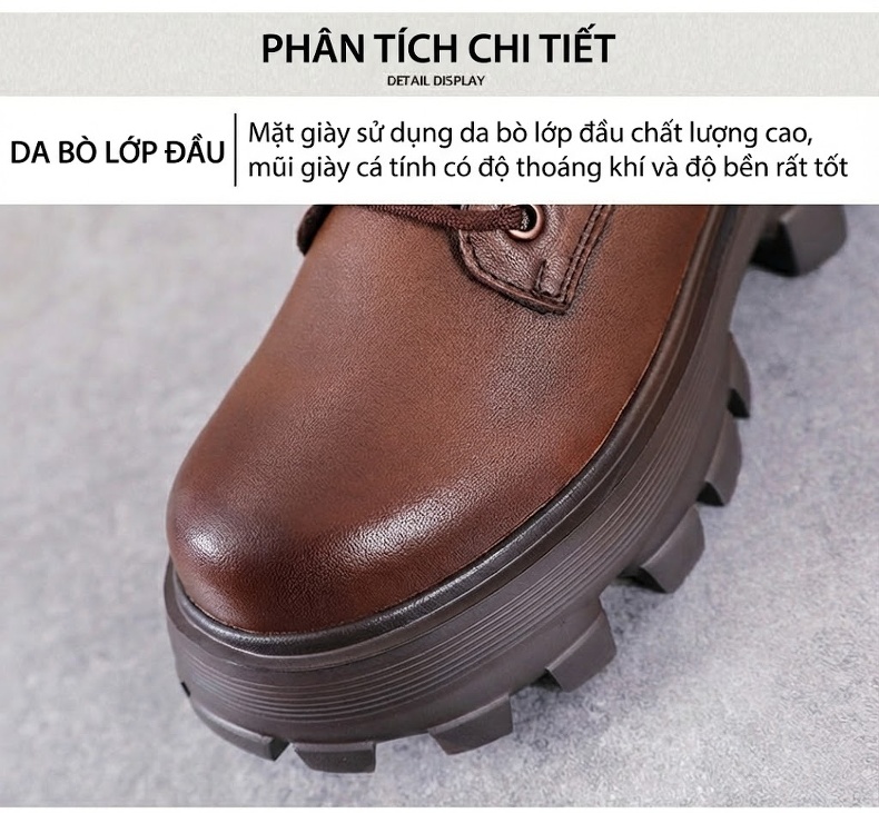 Giày Boot Nữ Da Bò Cổ Cao Phong Cách Anh Chiều Cao Đế Khoảng 5cm Màu Nâu, Đen chi tiết 4
