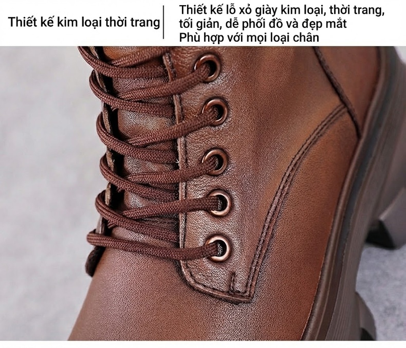 Giày Boot Nữ Da Bò Cổ Cao Phong Cách Anh Chiều Cao Đế Khoảng 5cm Màu Nâu, Đen chi tiết 5