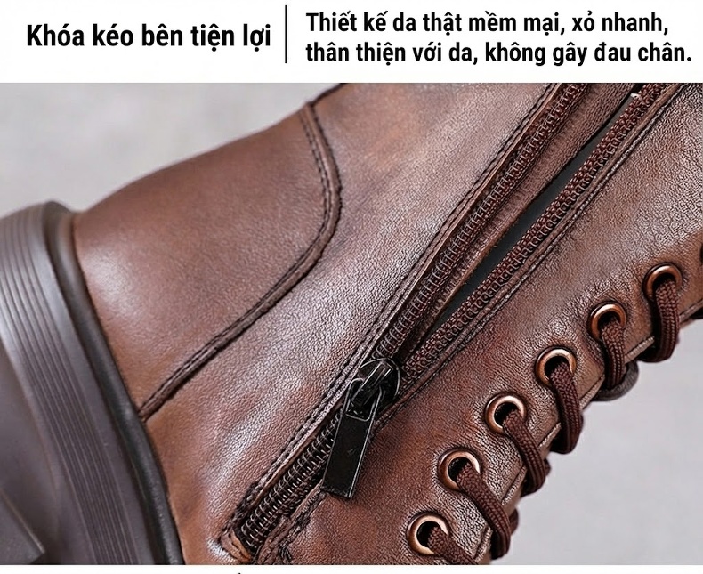 Giày Boot Nữ Da Bò Cổ Cao Phong Cách Anh Chiều Cao Đế Khoảng 5cm Màu Nâu, Đen chi tiết 6