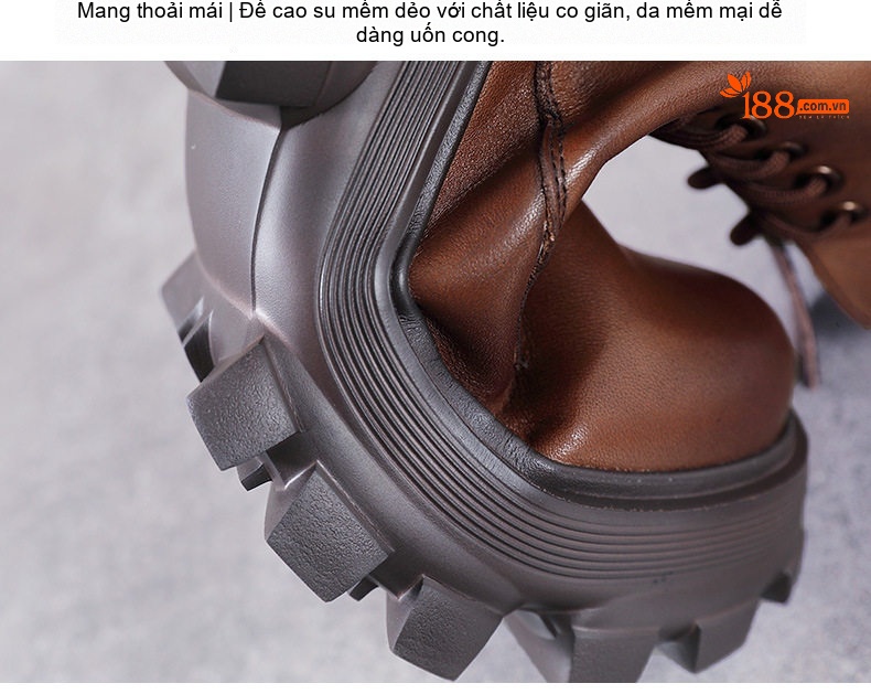 Giày Boot Nữ Da Bò Cổ Cao Phong Cách Anh Chiều Cao Đế Khoảng 5cm Màu Nâu, Đen chi tiết 8