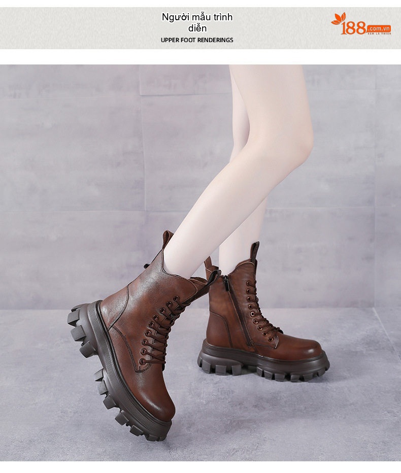 Giày Boot Nữ Da Bò Cổ Cao Phong Cách Anh Chiều Cao Đế Khoảng 5cm Màu Nâu, Đen chi tiết 9