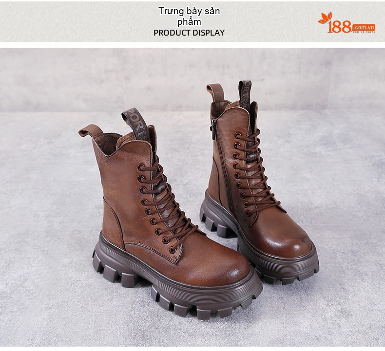 Giày Boot Nữ Da Bò Cổ Cao Phong Cách Anh Chiều Cao Đế Khoảng 5cm Màu Nâu, Đen chi tiết 10