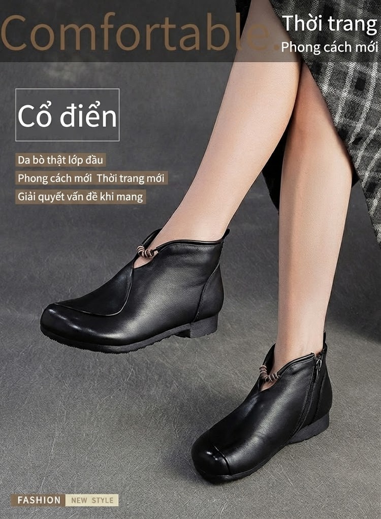 Giày Boot Nữ Da Bò Cổ chữ V Chân Dẹt Chiều Cao Đế Khoảng 2cm Màu Đen, Nâu chi tiết 2