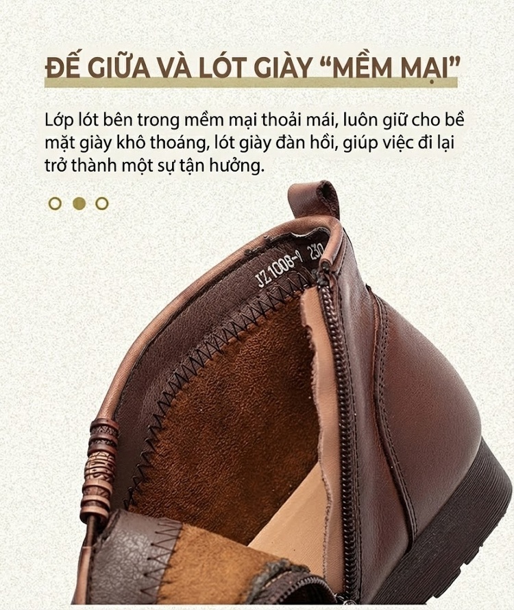 Giày Boot Nữ Da Bò Cổ chữ V Chân Dẹt Chiều Cao Đế Khoảng 2cm Màu Đen, Nâu chi tiết 6