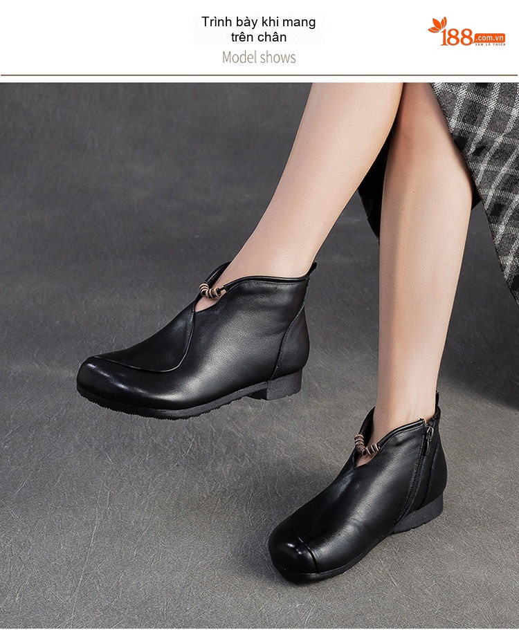 Giày Boot Nữ Da Bò Cổ chữ V Chân Dẹt Chiều Cao Đế Khoảng 2cm Màu Đen, Nâu chi tiết 8