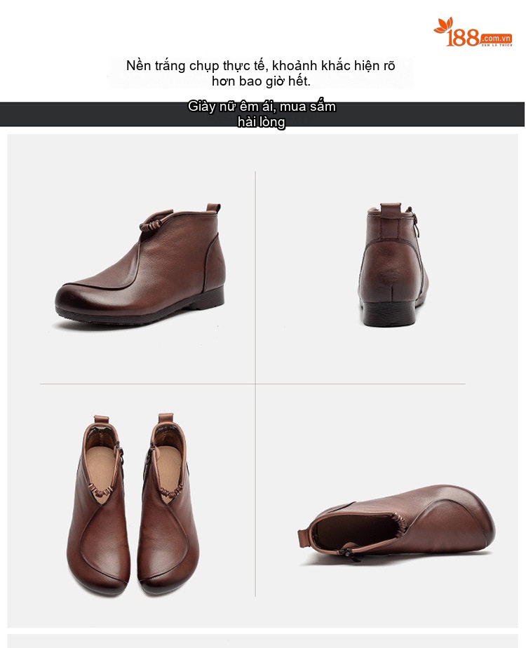 Giày Boot Nữ Da Bò Cổ chữ V Chân Dẹt Chiều Cao Đế Khoảng 2cm Màu Đen, Nâu chi tiết 17