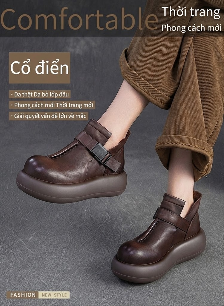 Giày Boot Nữ Da Bò Cổ Ngắn Khóa Cài Phong Cách Vintage Chiều Cao Đế Khoảng 5cm Màu Đen, Nâu chi tiết 1