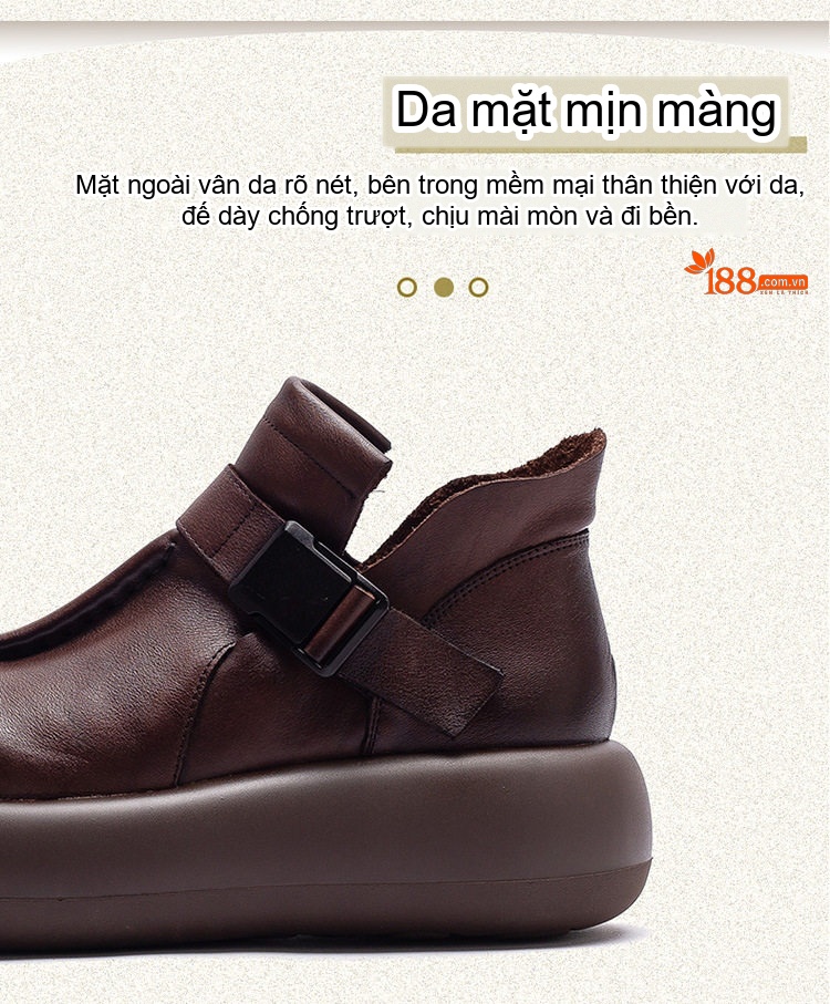 Giày Boot Nữ Da Bò Cổ Ngắn Khóa Cài Phong Cách Vintage Chiều Cao Đế Khoảng 5cm Màu Đen, Nâu chi tiết 2