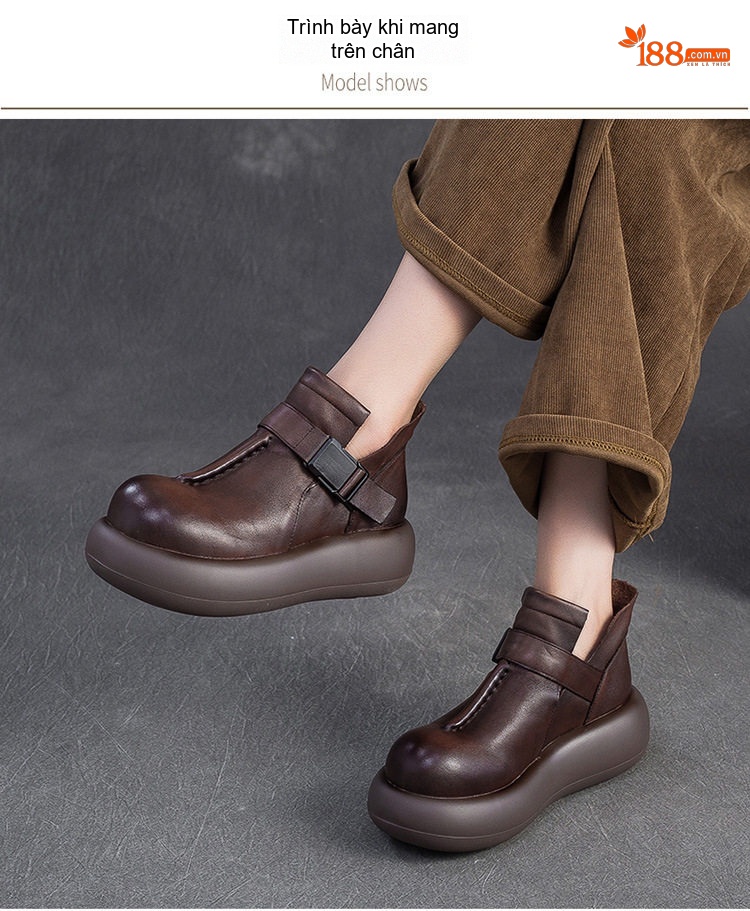 Giày Boot Nữ Da Bò Cổ Ngắn Khóa Cài Phong Cách Vintage Chiều Cao Đế Khoảng 5cm Màu Đen, Nâu chi tiết 6