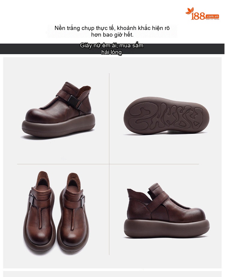 Giày Boot Nữ Da Bò Cổ Ngắn Khóa Cài Phong Cách Vintage Chiều Cao Đế Khoảng 5cm Màu Đen, Nâu chi tiết 15