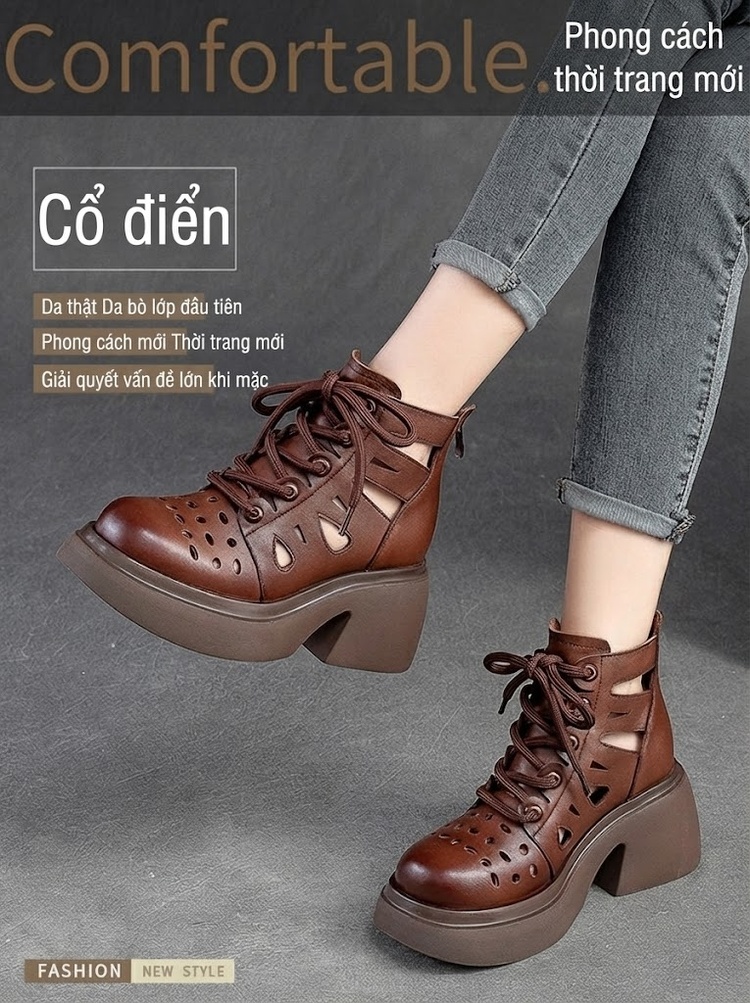 Giày Boot Nữ Da Bò Đục Lỗ Thoáng Khí Cổ Lửng Chiều Cao Đế Khoảng 7cm Màu Nâu, Kem, Đen chi tiết 2